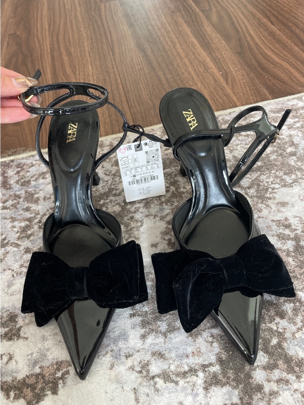 ZARA Black Patent Pointed-Toe Ankle-Strap Heels with Velvet Bow Accent